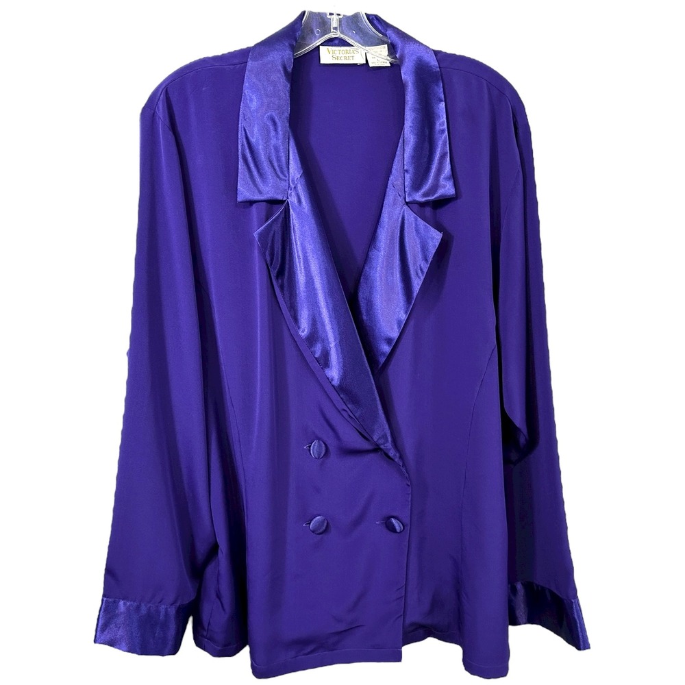 VTG Victoria's‎ Secret Large Pajama Top Purple Satin Trim Double Breasted 1696